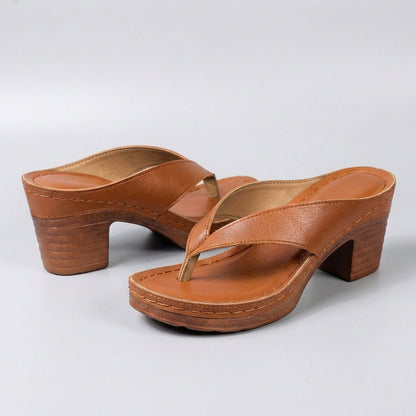 Stylish Black Leather Thong Sandal for Women with Wrapped Strap Block Heel Platform Style