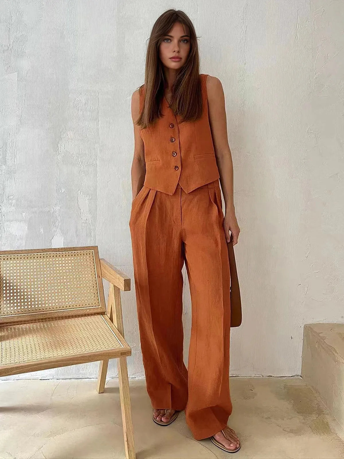 Effortless Linen Wide Leg Set for Women with V Neck Sleeveless Button Front Tailored Two Piece Style