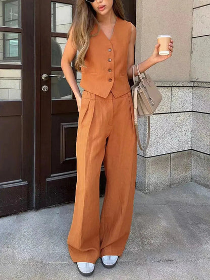 Effortless Linen Wide Leg Set for Women with V Neck Sleeveless Button Front Tailored Two Piece Style