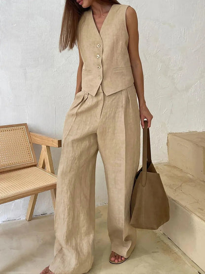 Effortless Linen Wide Leg Set for Women with V Neck Sleeveless Button Front Tailored Two Piece Style