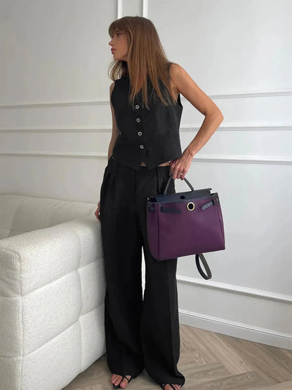 Effortless Linen Wide Leg Set for Women with V Neck Sleeveless Button Front Tailored Two Piece Style
