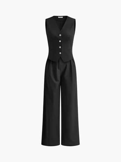 Effortless Linen Wide Leg Set for Women with V Neck Sleeveless Button Front Tailored Two Piece Style
