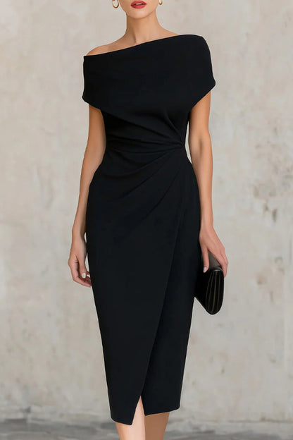 Elegant Draped Midi Dress for Women with Asymmetric Neckline Cap Sleeve Ruched Wrap Cocktail Style