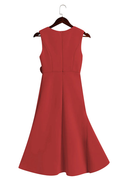 Elegant Draped Midi Dress for Women with Boat Neck Sleeveless Ruffle Hem Cocktail Style