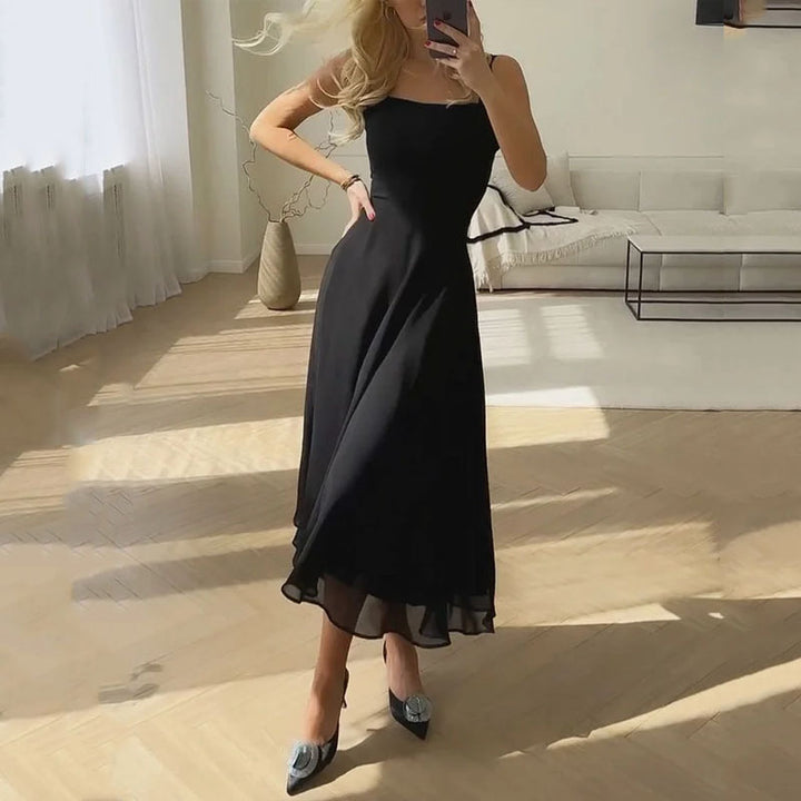 Elegant Midi Dress for Women with Square Neck Sleeveless A Line Flowing Cocktail Style
