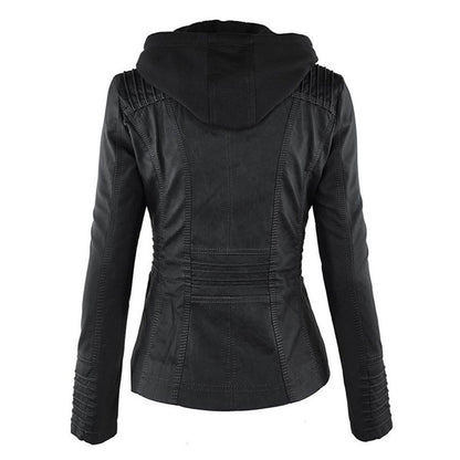 Elegant Faux Leather Moto Jacket for Women with Hooded Long Sleeve Quilted Detail Casual Style