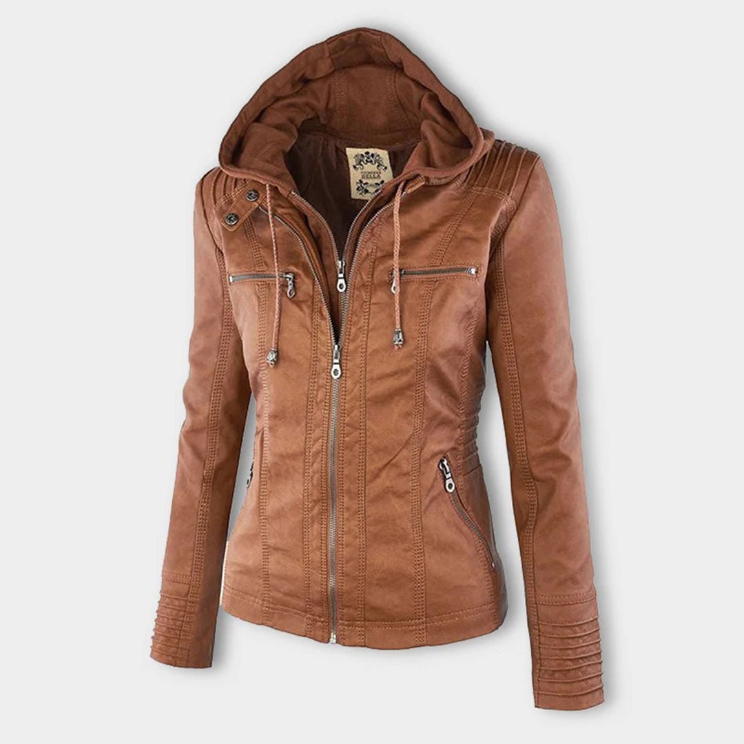 Elegant Faux Leather Moto Jacket for Women with Hooded Long Sleeve Quilted Detail Casual Style