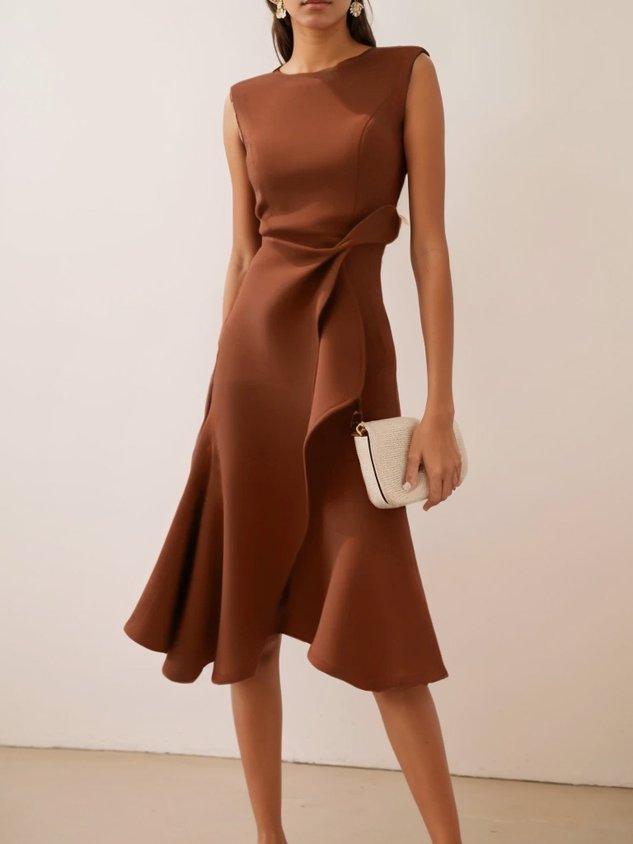 Elegant Draped Midi Dress for Women with Boat Neck Sleeveless Ruffle Hem Cocktail Style
