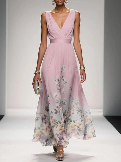 Elegant Floral Maxi Dress for Women with V Neck Sleeveless Pleated Waist Flowing Wedding Guest Style