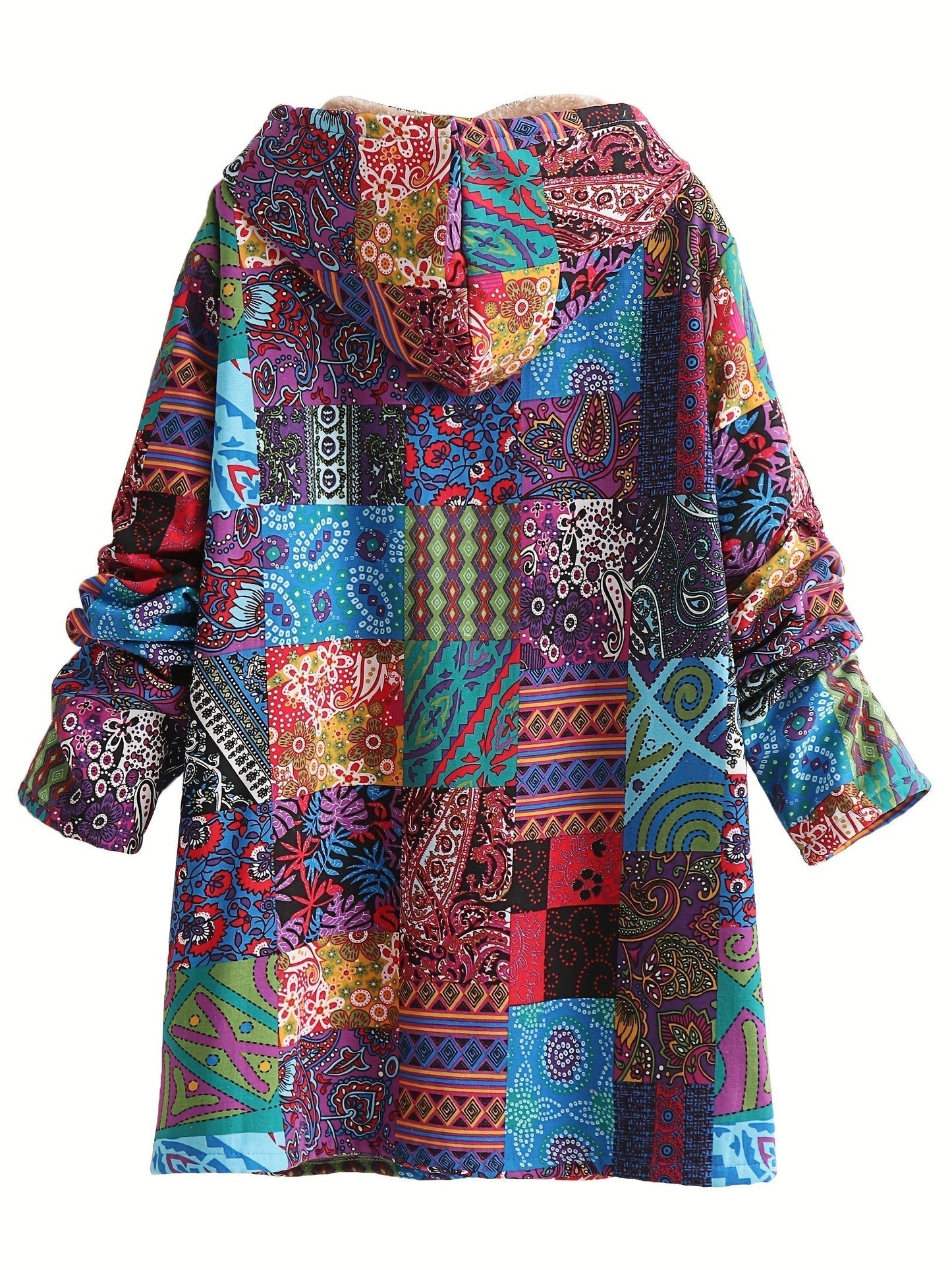 Effortless Patchwork Print Hooded Coat for Women with Long Sleeve Button Front Faux Fur Lined Oversized Style