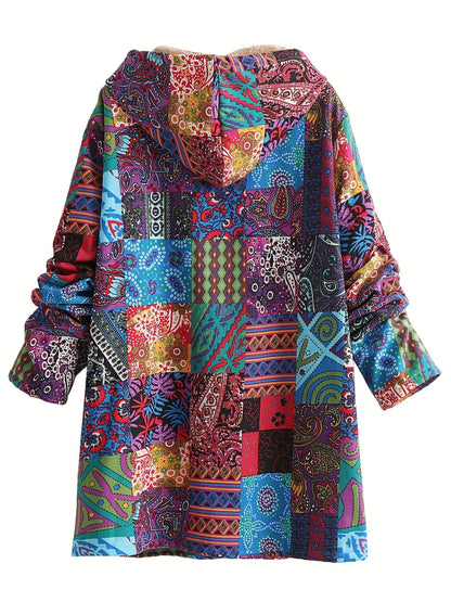 Effortless Patchwork Print Hooded Coat for Women with Long Sleeve Button Front Faux Fur Lined Oversized Style