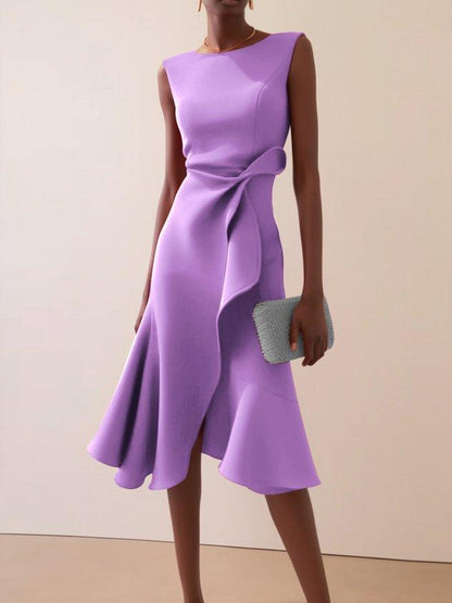 Elegant Draped Midi Dress for Women with Boat Neck Sleeveless Ruffle Hem Cocktail Style