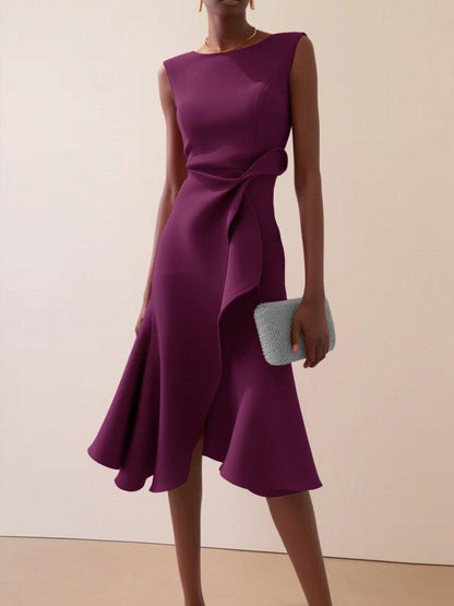 Elegant Draped Midi Dress for Women with Boat Neck Sleeveless Ruffle Hem Cocktail Style