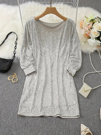 Elegant Sequin Mini Dress for Women with One Shoulder Long Sleeve Bodycon Sparkle Formal Party Style