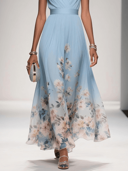 Elegant Floral Maxi Dress for Women with V Neck Sleeveless Pleated Waist Flowing Wedding Guest Style