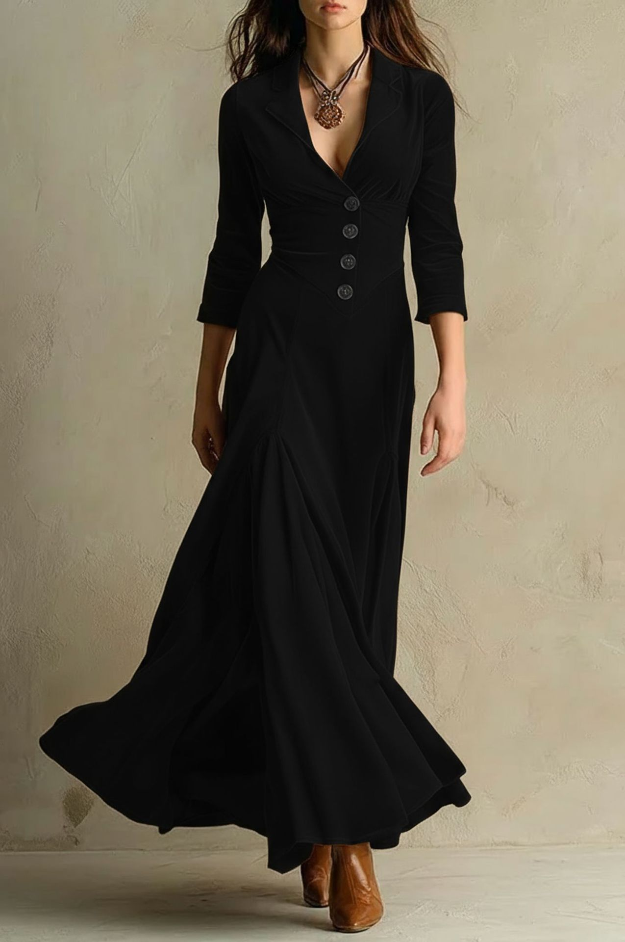 Elegant Velvet Maxi Dress for Women with Notched Lapel V Neck Elbow Sleeve Button Front Flowing Style