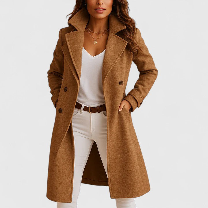 Elegant Wool Coat for Women with Notch Lapel Long Sleeve Tailored Longline Style