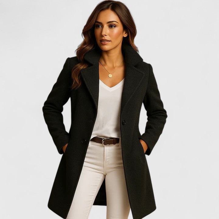 Elegant Wool Coat for Women with Notch Lapel Long Sleeve Tailored Longline Style