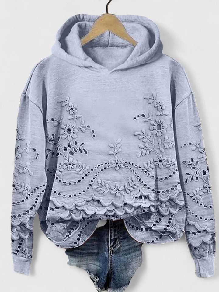 Comfortable Eyelet Embroidered Cropped Hoodie for Women with Drawstring Hood Long Sleeve Scalloped Hem Oversized Knit Style