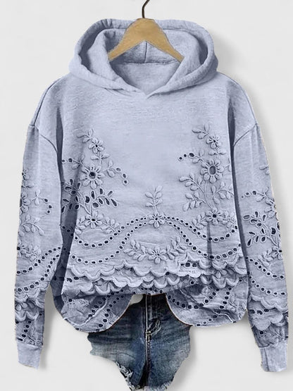 Comfortable Eyelet Embroidered Cropped Hoodie for Women with Drawstring Hood Long Sleeve Scalloped Hem Oversized Knit Style