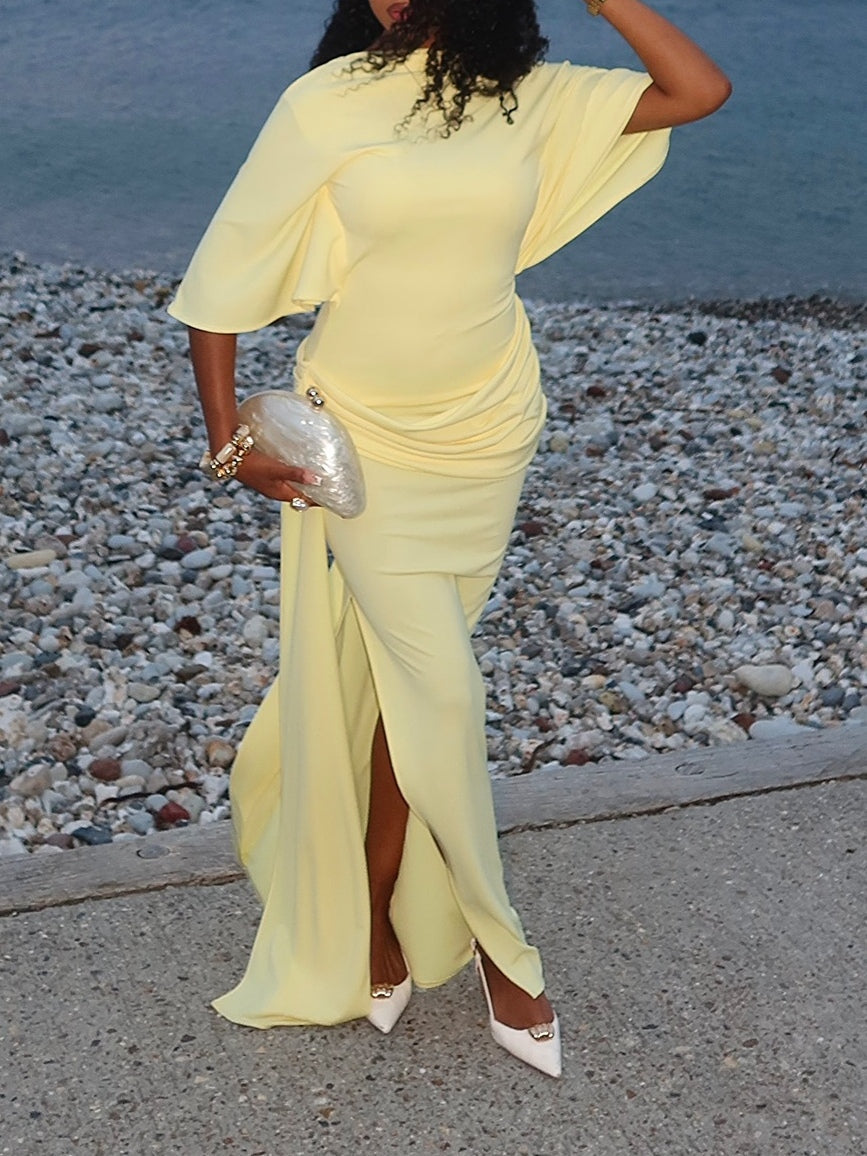 Elegant Yellow Maxi Dress for Women with High Neck Batwing Sleeve Open Back Ruched Slit Style