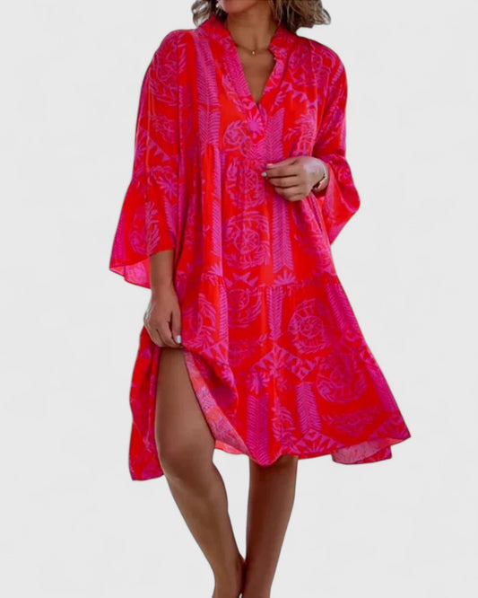 Effortless Printed Midi Dress for Women with V Neck Bell Sleeve Tiered Side Slit Bohemian Style