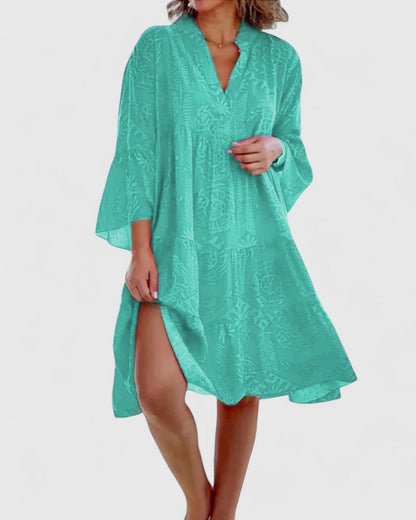 Effortless Printed Midi Dress for Women with V Neck Bell Sleeve Tiered Side Slit Bohemian Style