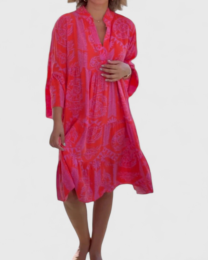 Effortless Printed Midi Dress for Women with V Neck Bell Sleeve Tiered Side Slit Bohemian Style