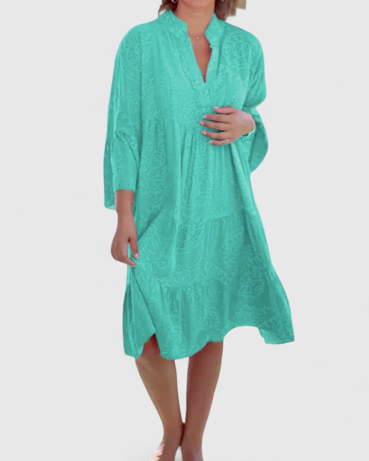 Effortless Printed Midi Dress for Women with V Neck Bell Sleeve Tiered Side Slit Bohemian Style