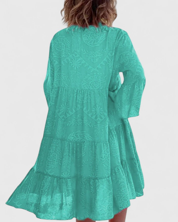 Effortless Printed Midi Dress for Women with V Neck Bell Sleeve Tiered Side Slit Bohemian Style