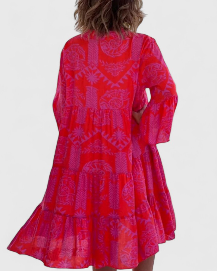 Effortless Printed Midi Dress for Women with V Neck Bell Sleeve Tiered Side Slit Bohemian Style