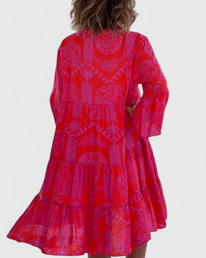 Effortless Printed Midi Dress for Women with V Neck Bell Sleeve Tiered Side Slit Bohemian Style