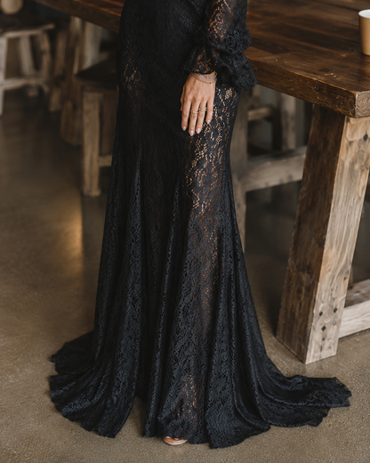 Elegant Black Lace Maxi Dress for Women with V Neck Bell Sleeve Ruched Bohemian Style
