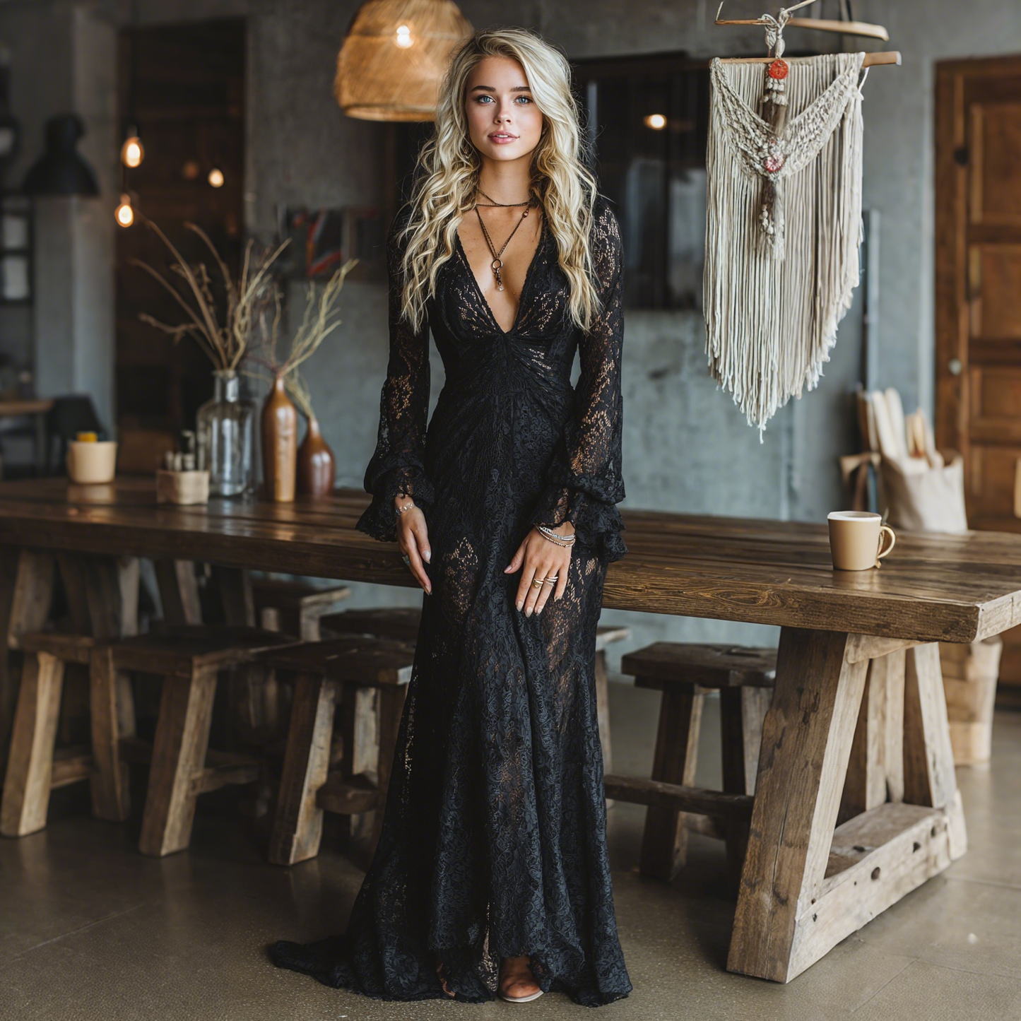 Elegant Black Lace Maxi Dress for Women with V Neck Bell Sleeve Ruched Bohemian Style