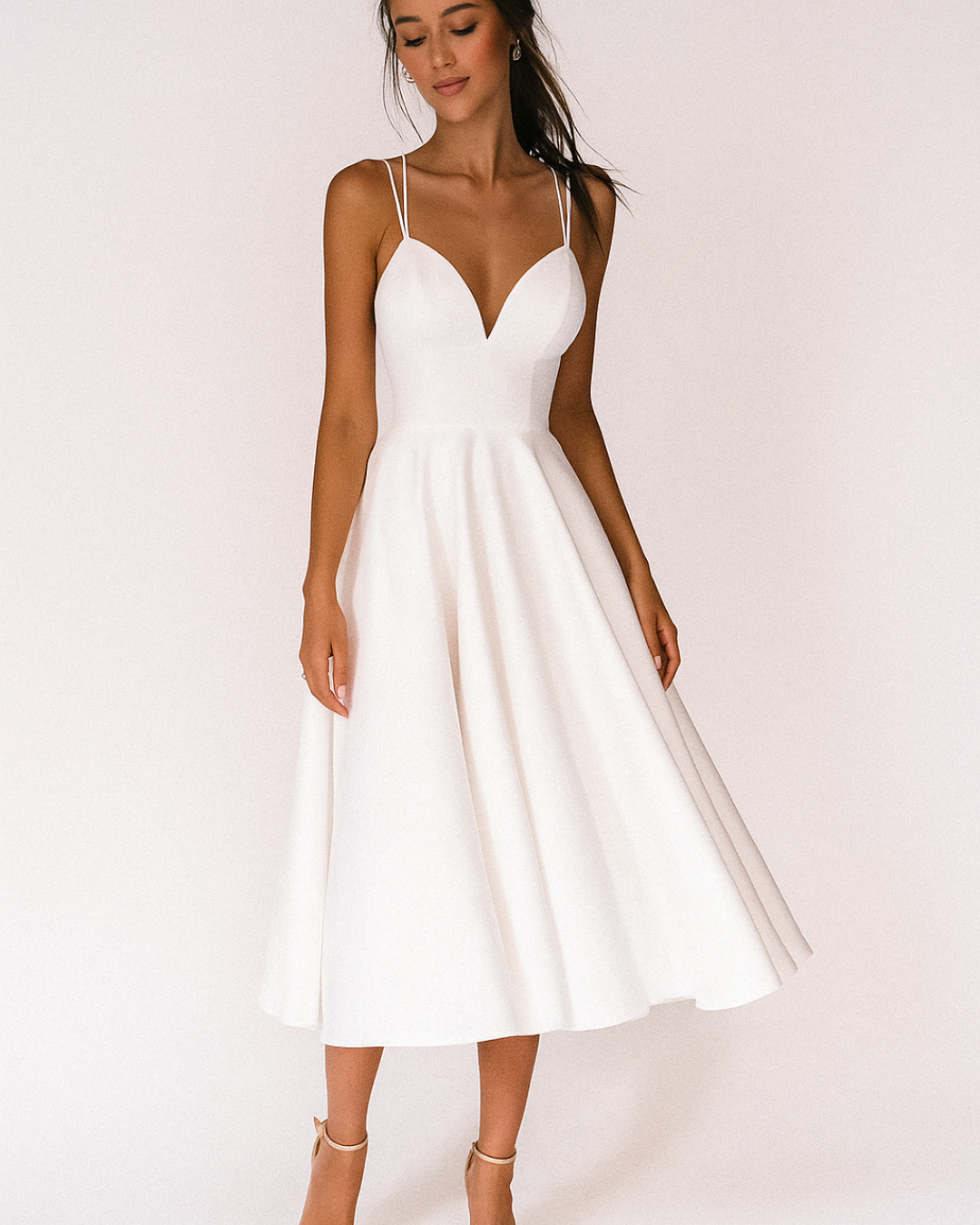 Elegant Satin Midi Dress for Women with Sweetheart Neckline Spaghetti Strap Crisscross Back Flowing Style