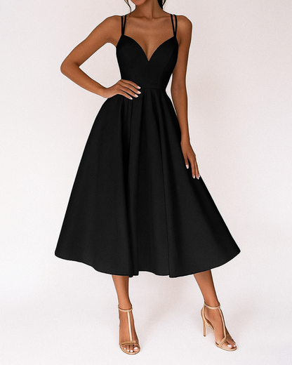 Elegant Satin Midi Dress for Women with Sweetheart Neckline Spaghetti Strap Crisscross Back Flowing Style