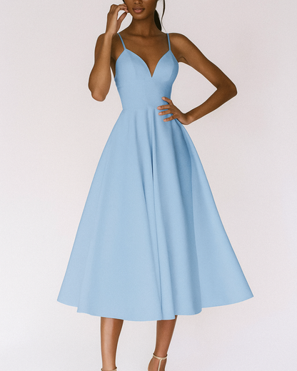 Elegant Satin Midi Dress for Women with Sweetheart Neckline Spaghetti Strap Crisscross Back Flowing Style