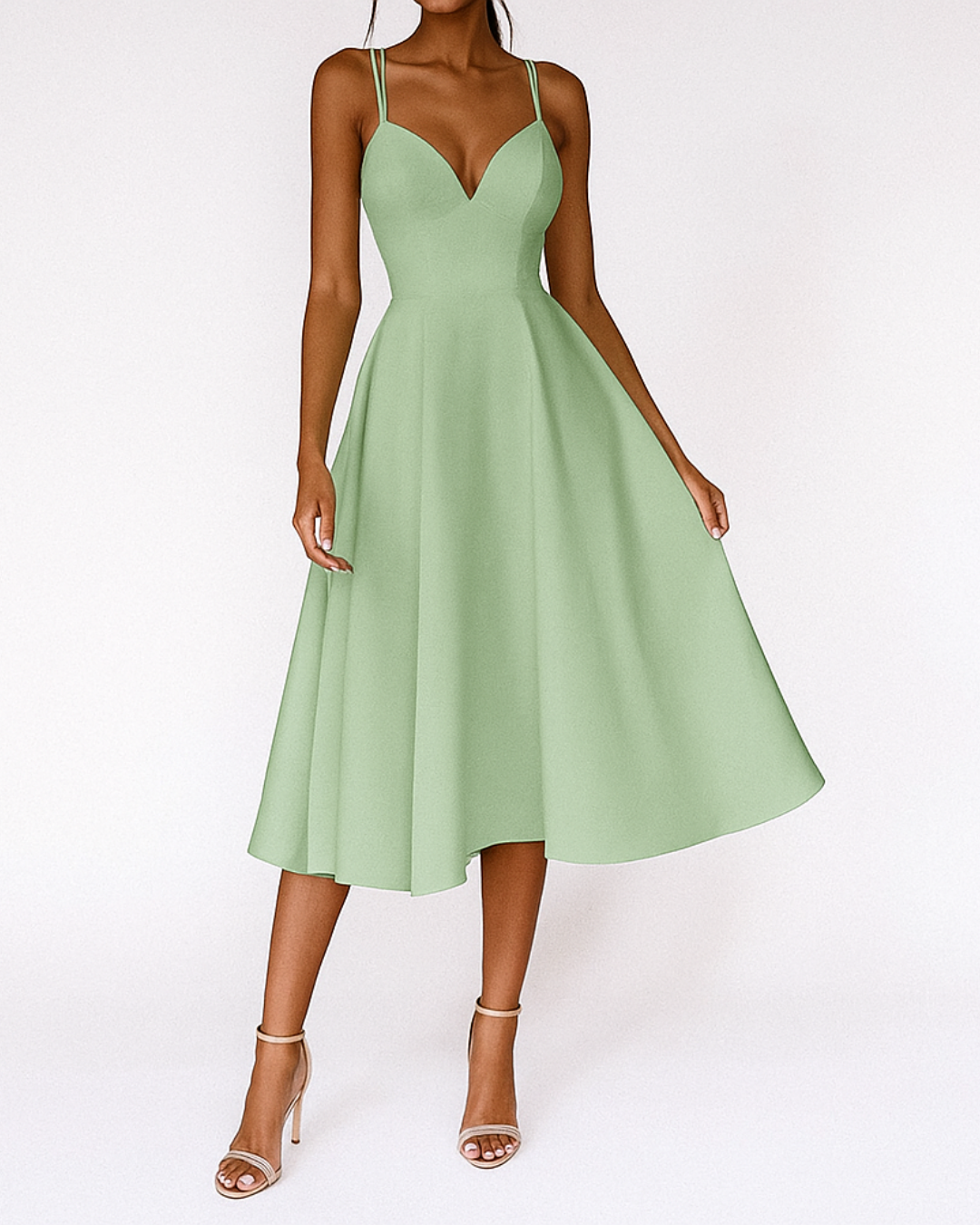 Elegant Satin Midi Dress for Women with Sweetheart Neckline Spaghetti Strap Crisscross Back Flowing Style