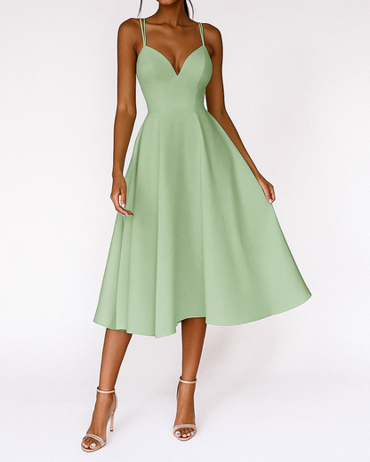 Elegant Satin Midi Dress for Women with Sweetheart Neckline Spaghetti Strap Crisscross Back Flowing Style