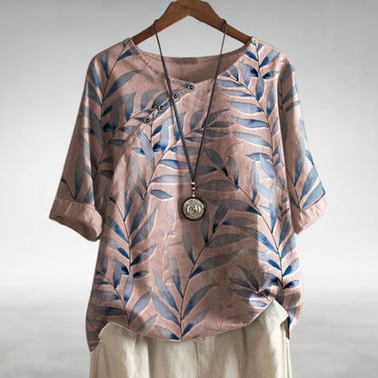 Effortless Leaf Print Linen Blouse for Women with Round Neck Elbow Sleeve Button Placket Relaxed Style