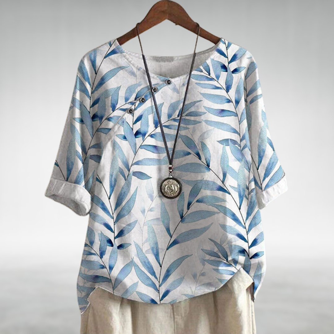 Effortless Leaf Print Linen Blouse for Women with Round Neck Elbow Sleeve Button Placket Relaxed Style
