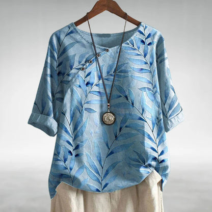 Effortless Leaf Print Linen Blouse for Women with Round Neck Elbow Sleeve Button Placket Relaxed Style