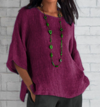 Effortless Linen Tunic Blouse for Women with Notched Collar Half Sleeve Relaxed Side Slit Style