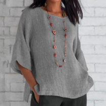 Effortless Linen Tunic Blouse for Women with Notched Collar Half Sleeve Relaxed Side Slit Style