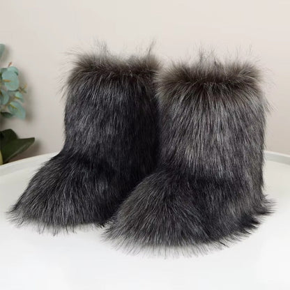 Comfortable Winter Shoes Women with Faux Fur Shaft Pull On Flat Sole Fluffy Boot Style