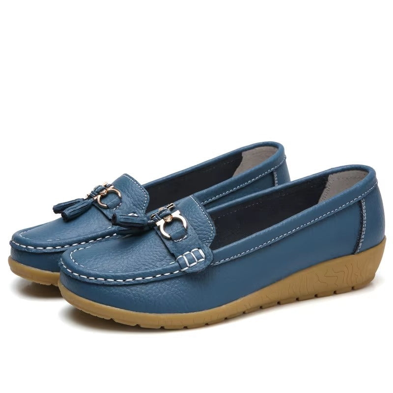 Comfortable Loafers for Women with Tassel Buckle Detail Moccasin Stitch Wedge Sole Style