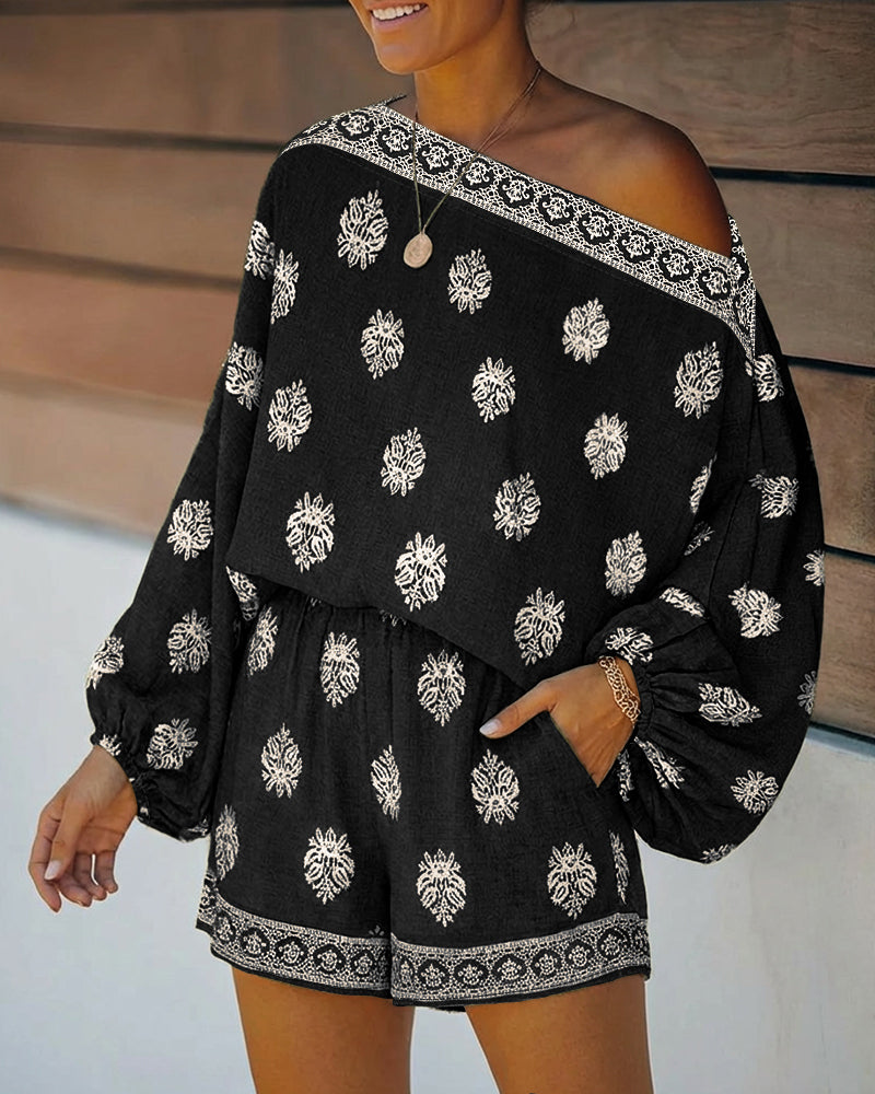 Effortless Floral Two Piece Set for Women with Off Shoulder Batwing Sleeve Boho Style