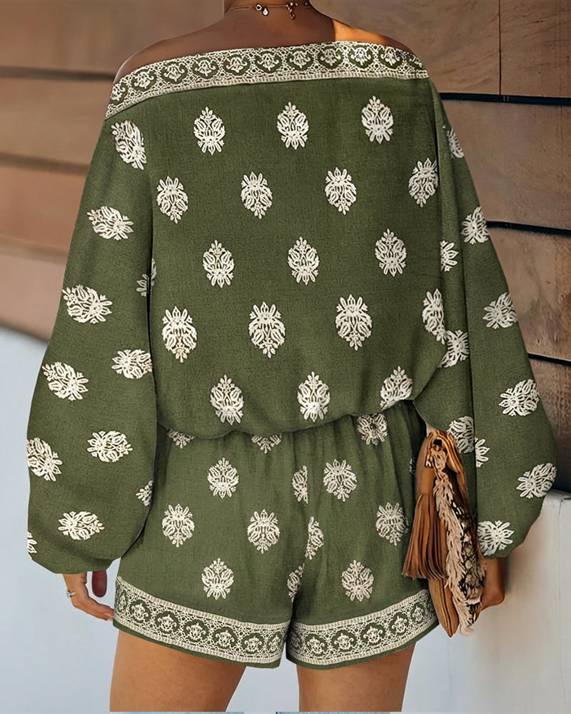 Effortless Floral Two Piece Set for Women with Off Shoulder Batwing Sleeve Boho Style