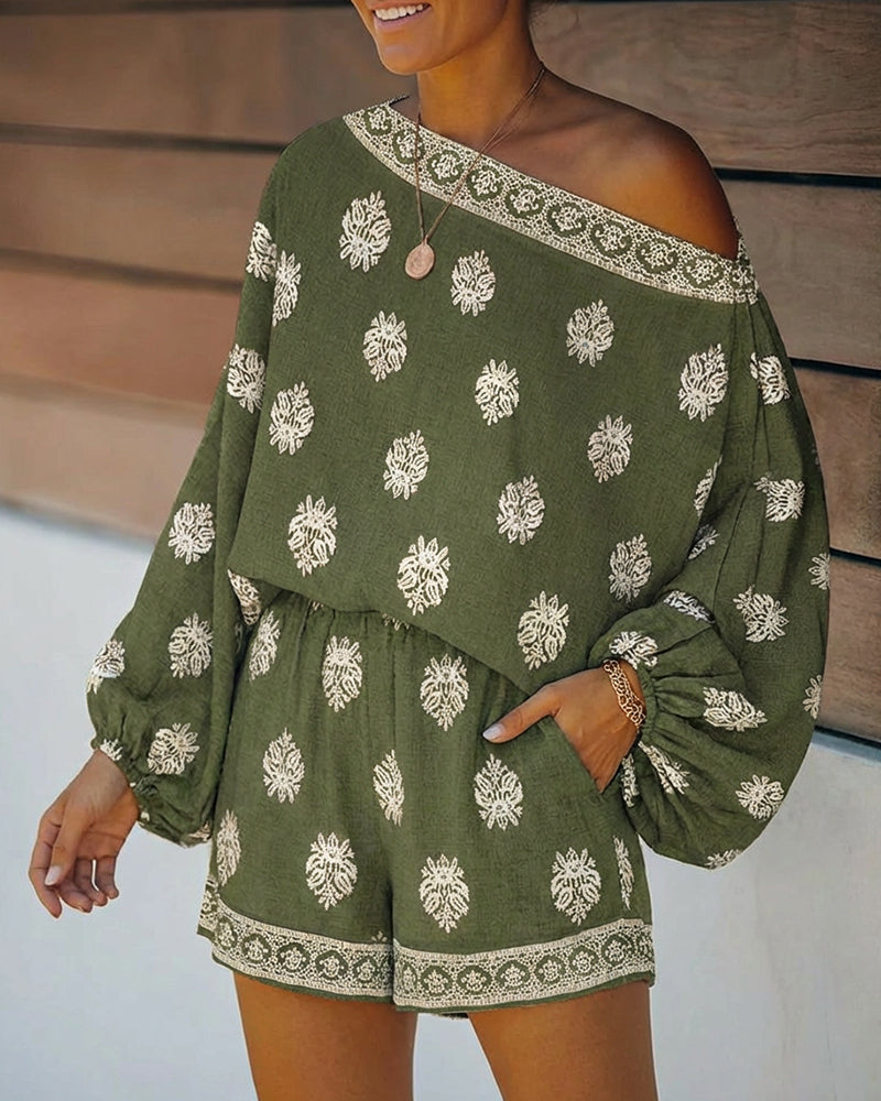 Effortless Floral Two Piece Set for Women with Off Shoulder Batwing Sleeve Boho Style