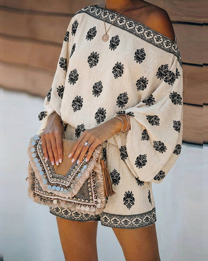 Effortless Floral Two Piece Set for Women with Off Shoulder Batwing Sleeve Boho Style